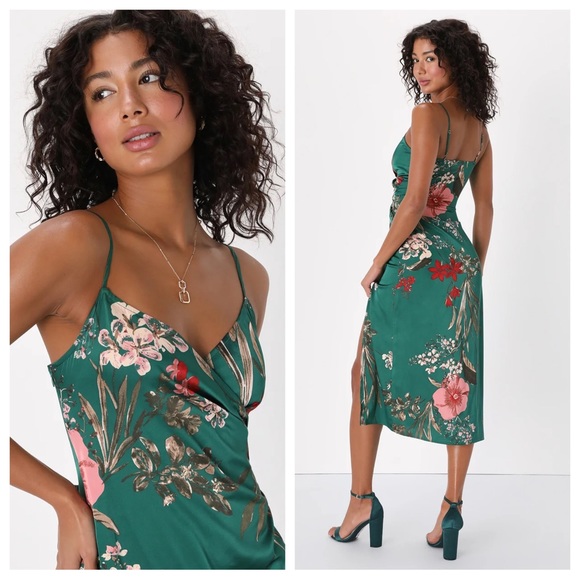 NWOT Lulus Remarkable Entrance Emerald Green Floral Print Satin Midi Dress - Picture 10 of 11
